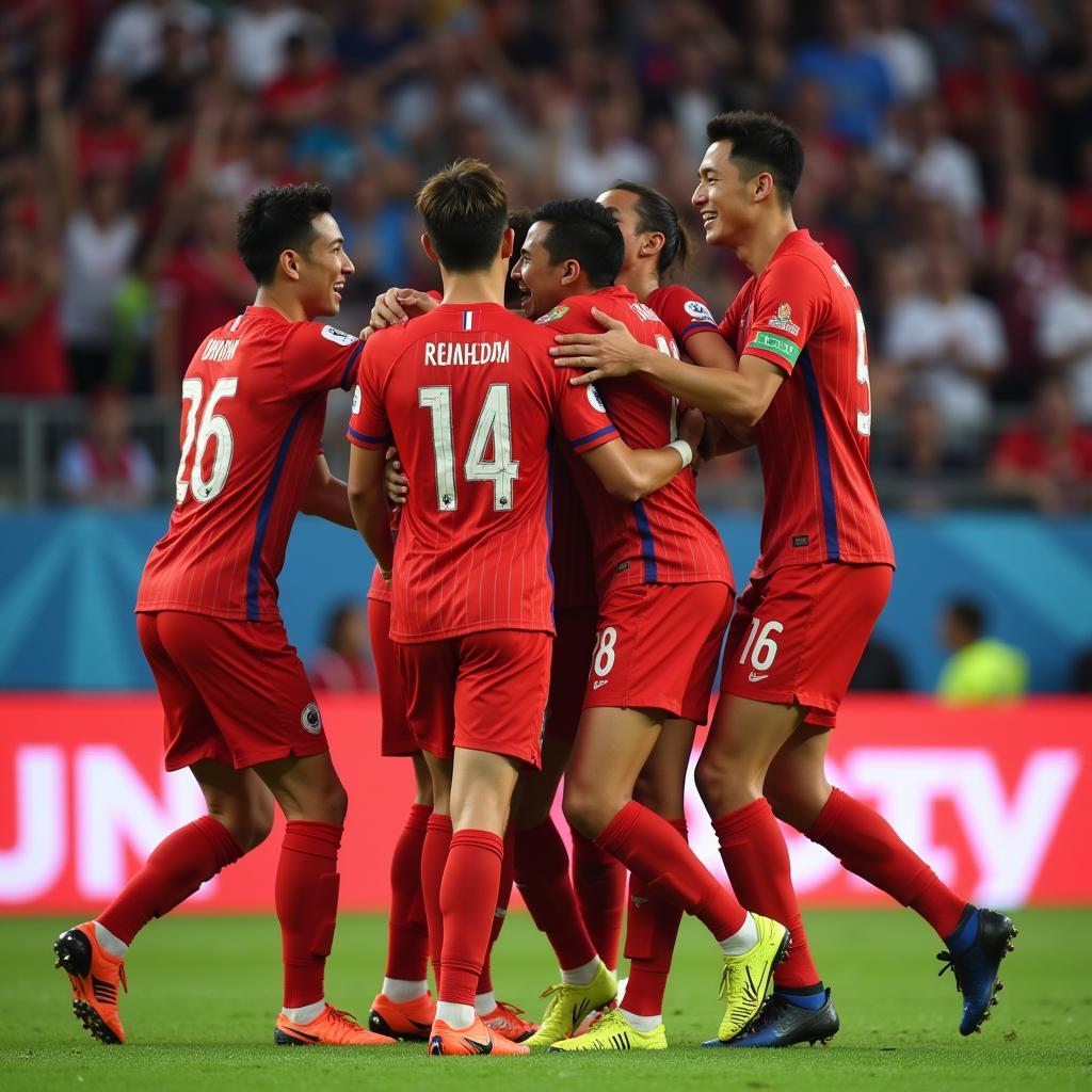 Quang Hai celebrates a goal with teammates