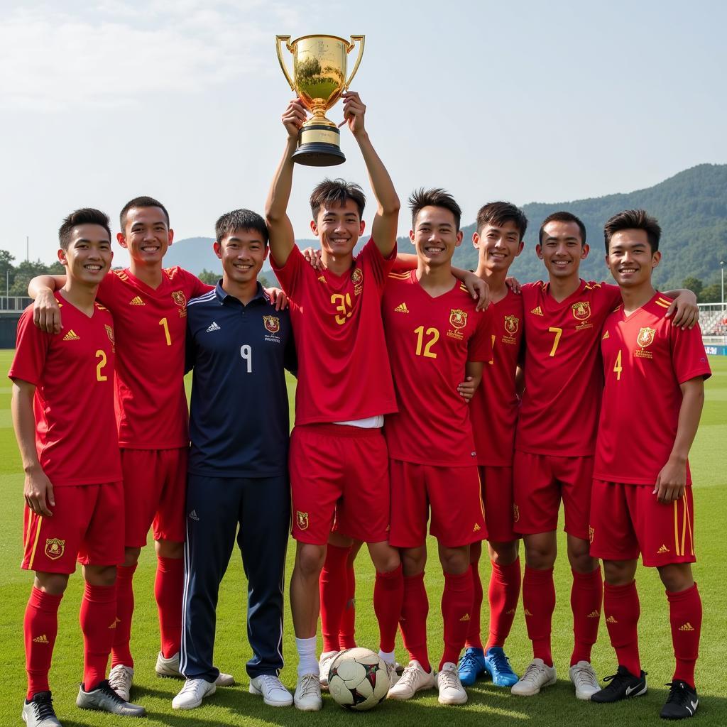 Quang Hai holds up a trophy with the Vietnamese national team