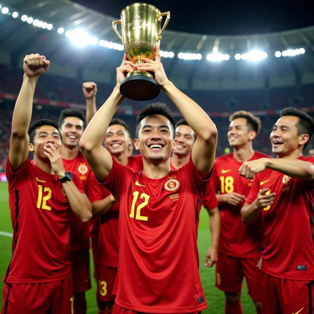 Quang Hai holds a trophy aloft with the Vietnamese National Team