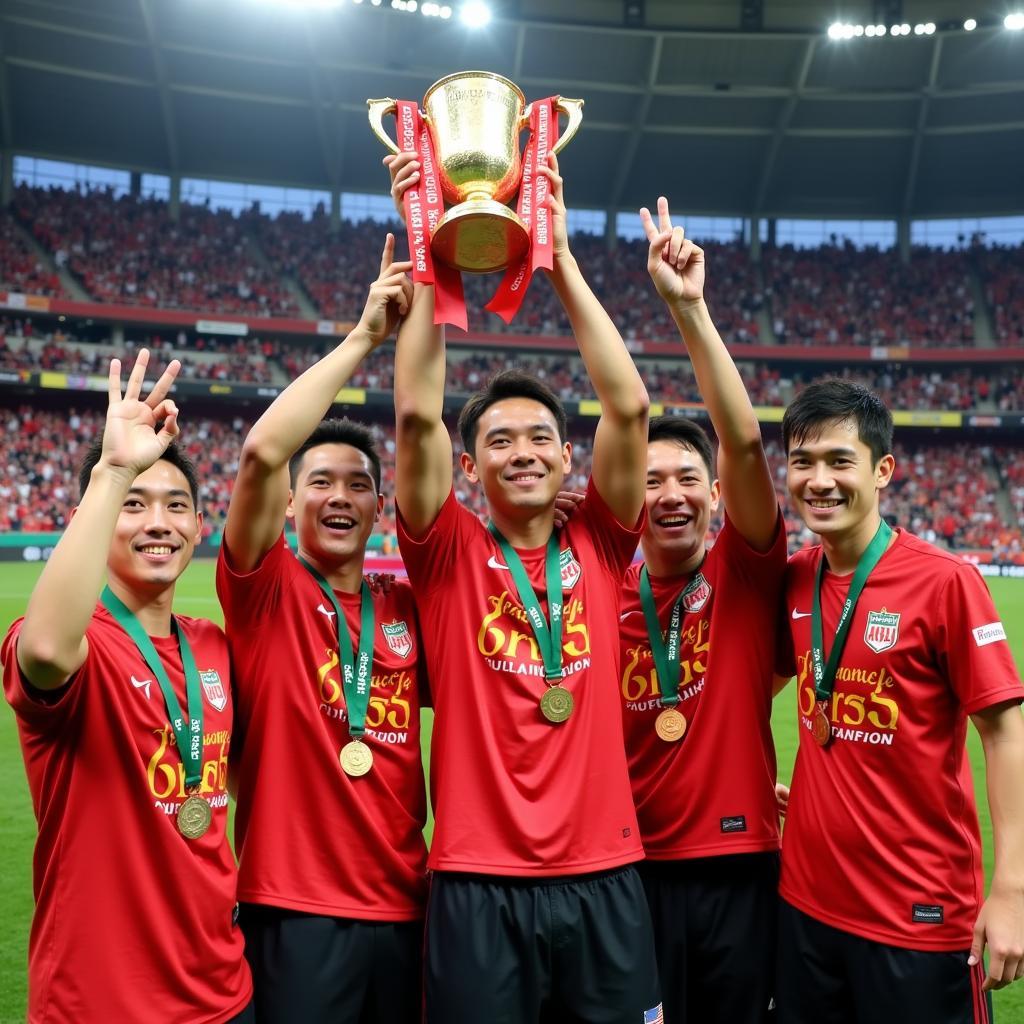 Quang Hai lifting a trophy with his team