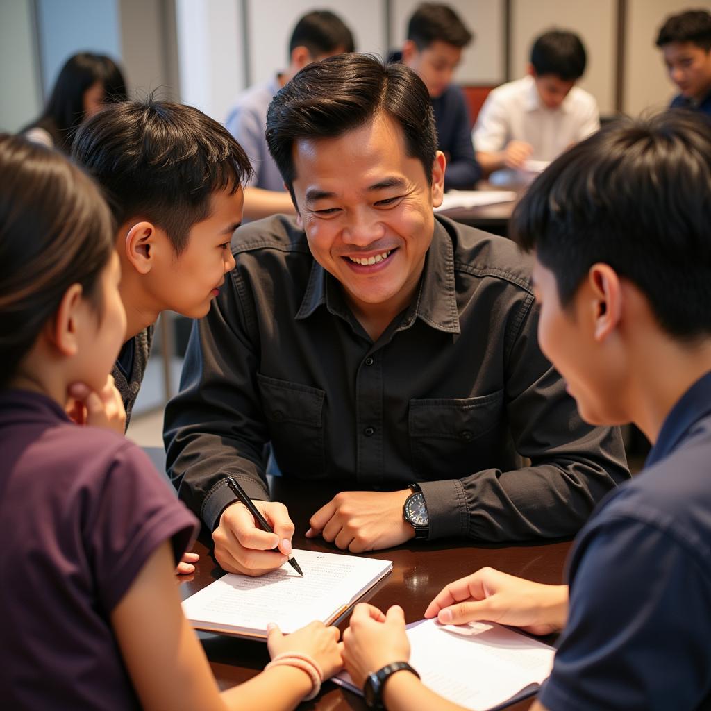 Quang Hai interacts with young fans, signing autographs and posing for pictures.