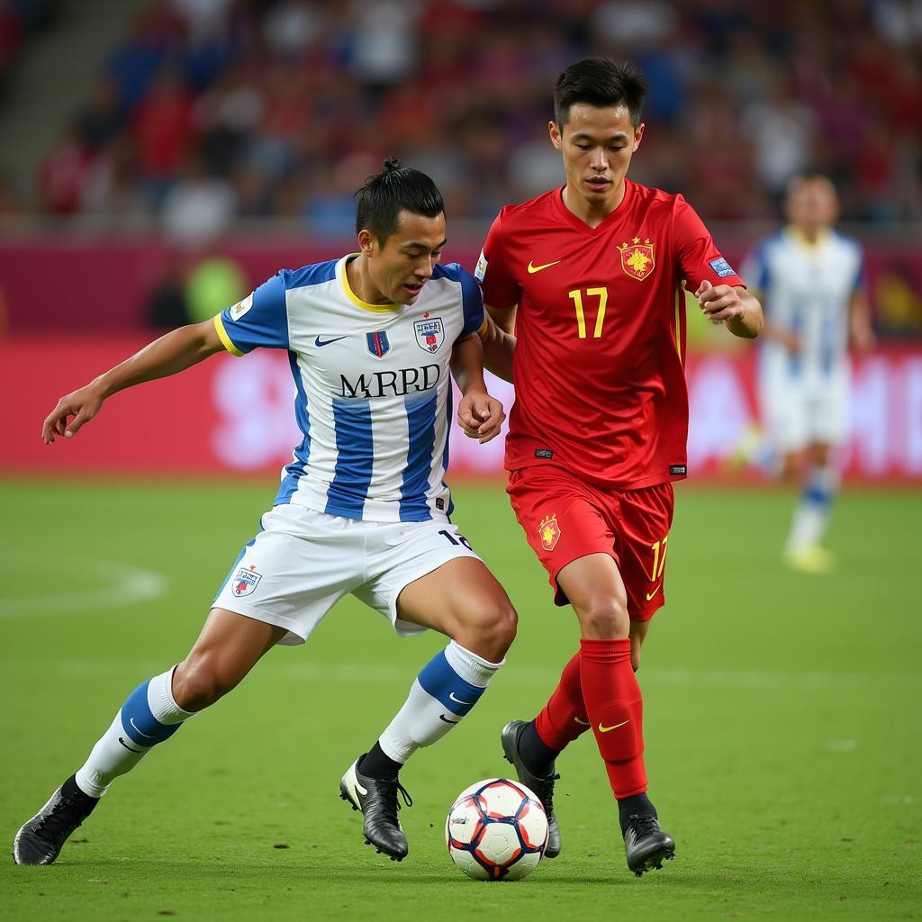 Quang Hai dribbling the ball in a match for Vietnam National Team