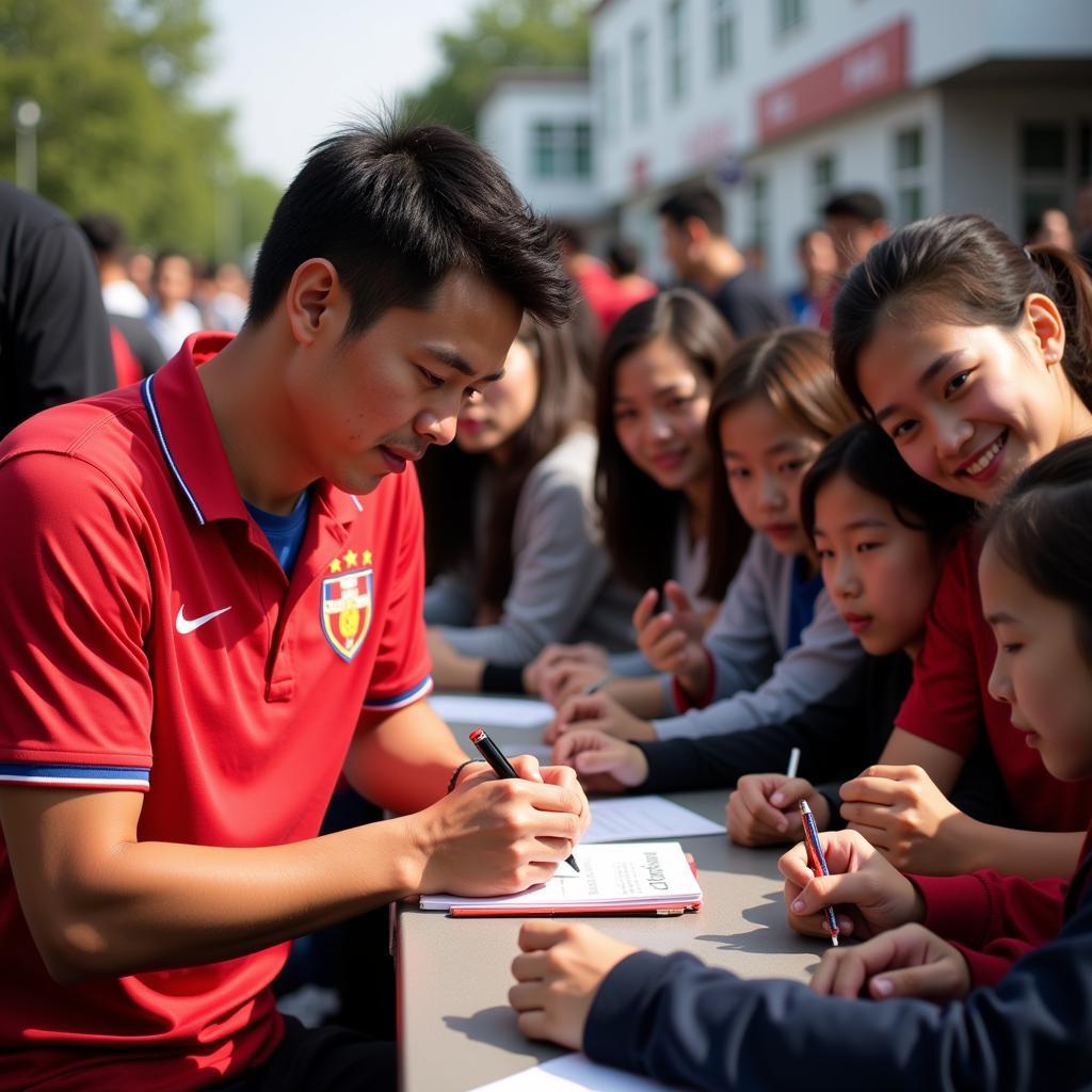 Quang Hai graciously signing autographs for enthusiastic fans after a match.