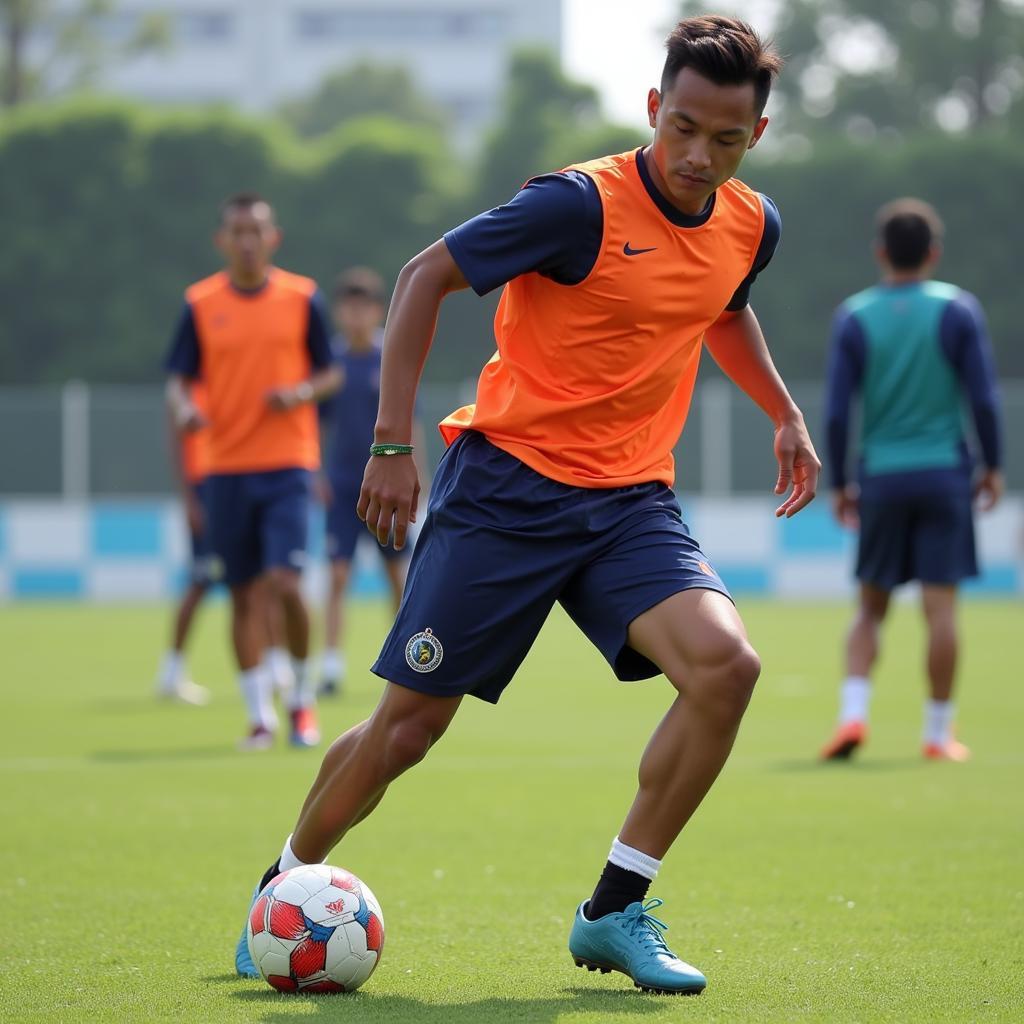 Quang Hai training intensely with his Hanoi FC teammates