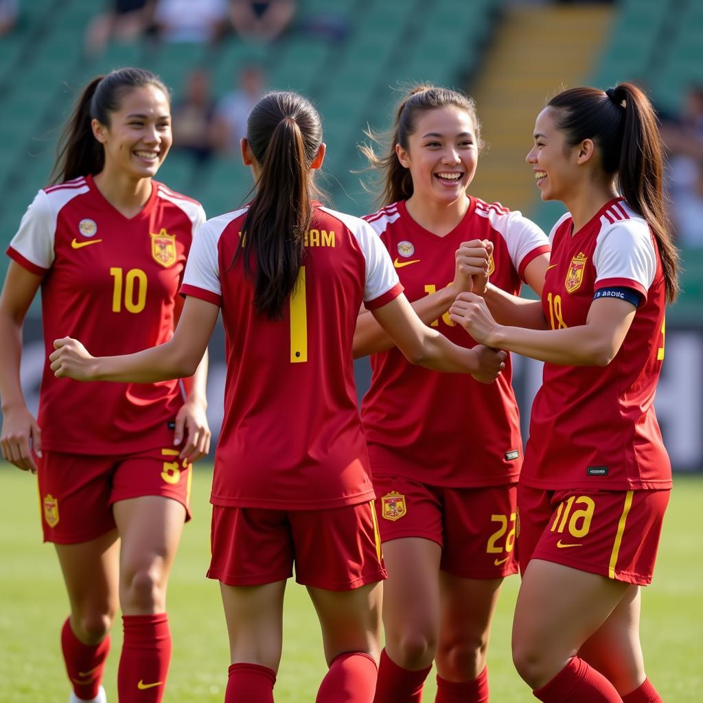 Quang Nam women's football team celebrating a hard-fought victory