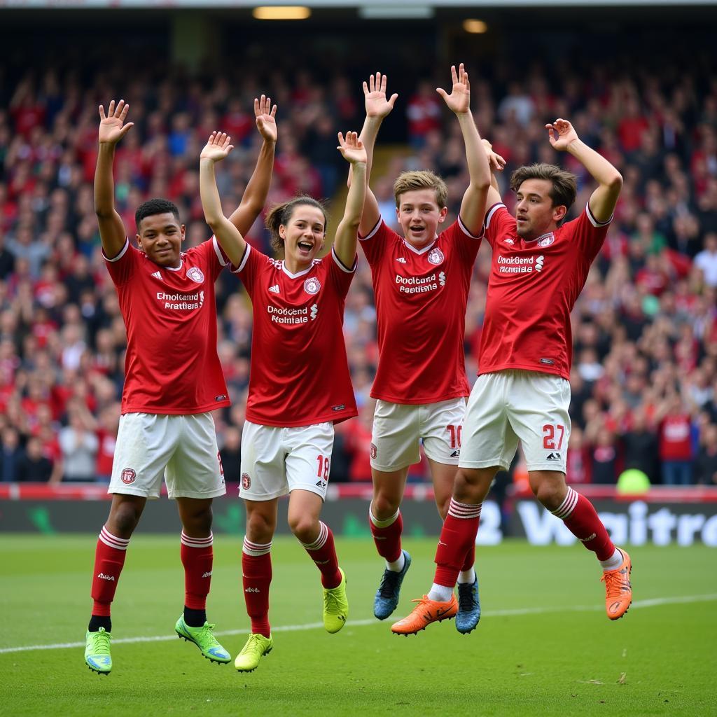 Raelmari celebrates a goal with teammates