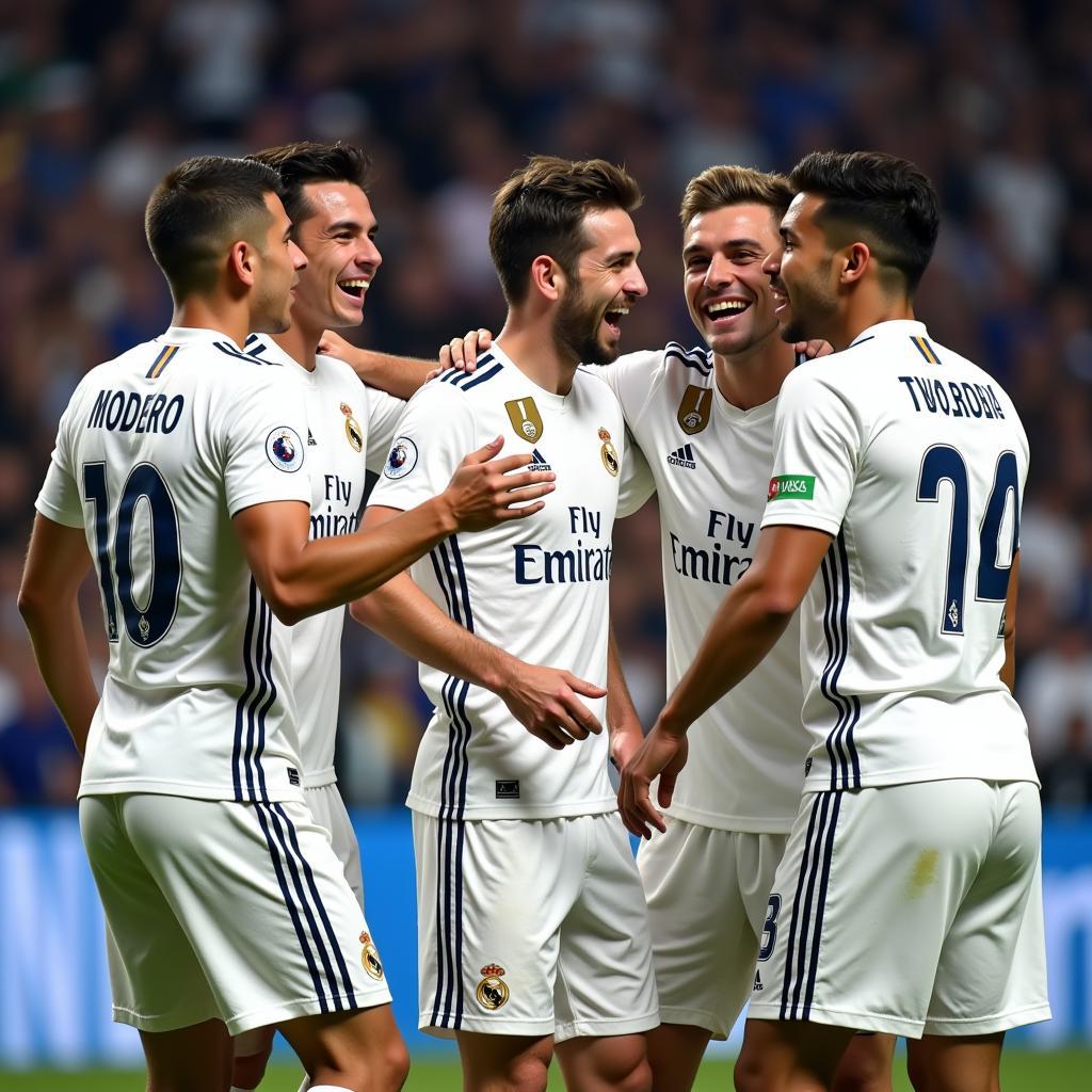 Real Madrid's midfielders celebrating a goal