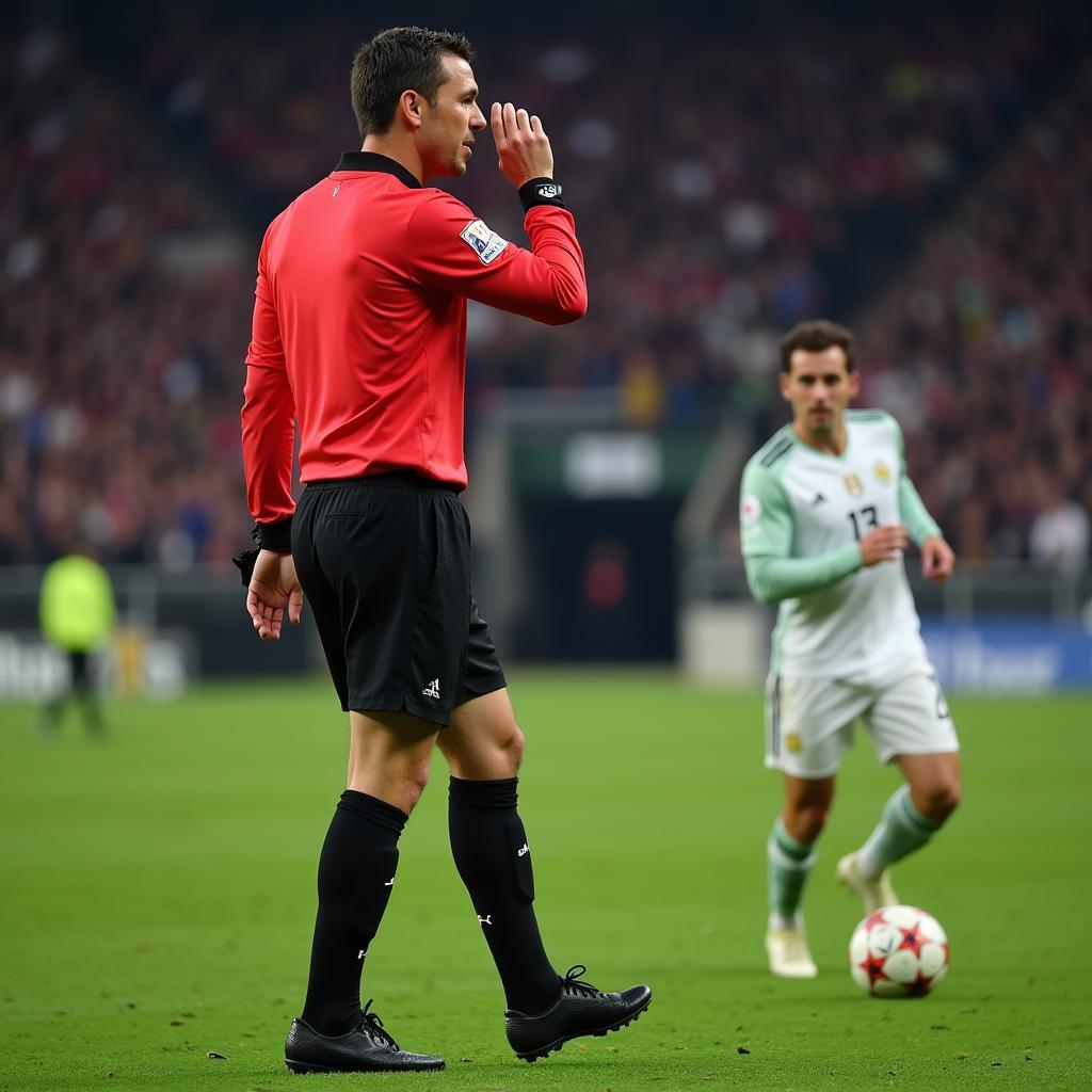 Referee Blowing Whistle as Player Holds Onto Ball