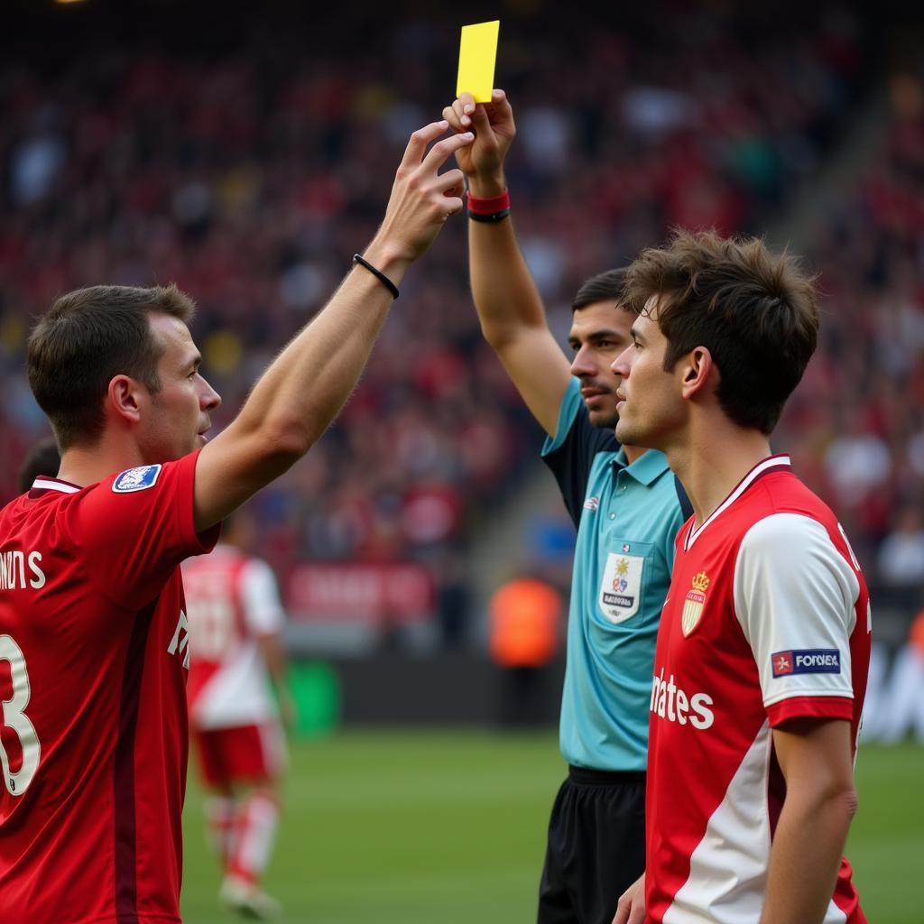 Referee issuing a card to the Monaco player following the foul