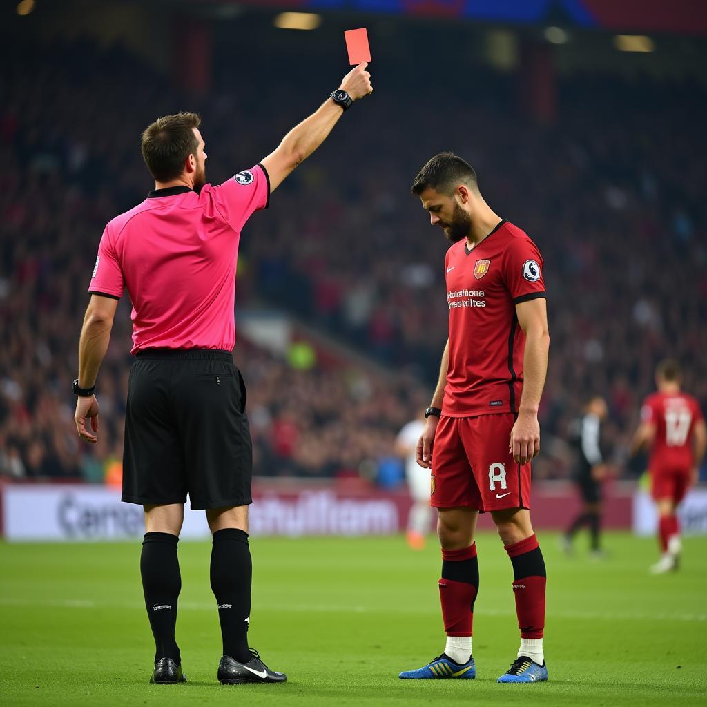 Referee showing red card to player