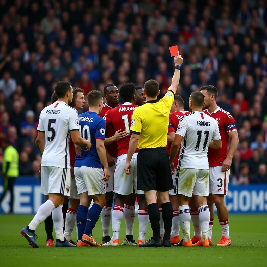 Referee showing a red card during a football match