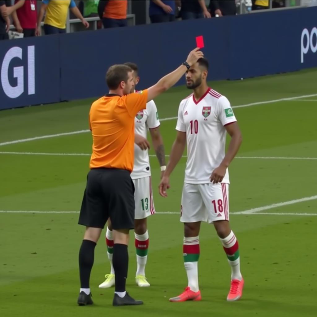 Referee Issuing a Red Card to a UAE Player