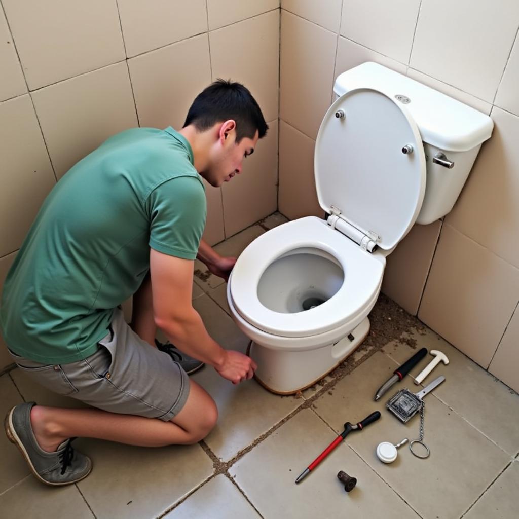 Removing an old toilet during bathroom renovation in Thu Duc.