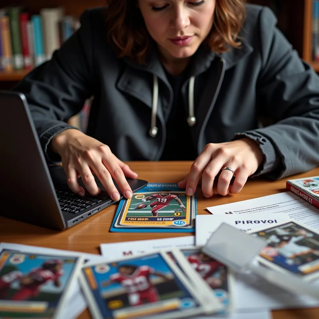 A person researching football trading card values online.