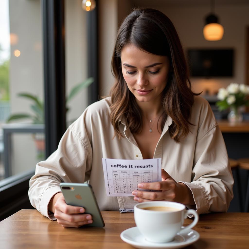 Woman Checking Lottery Ticket with Phone