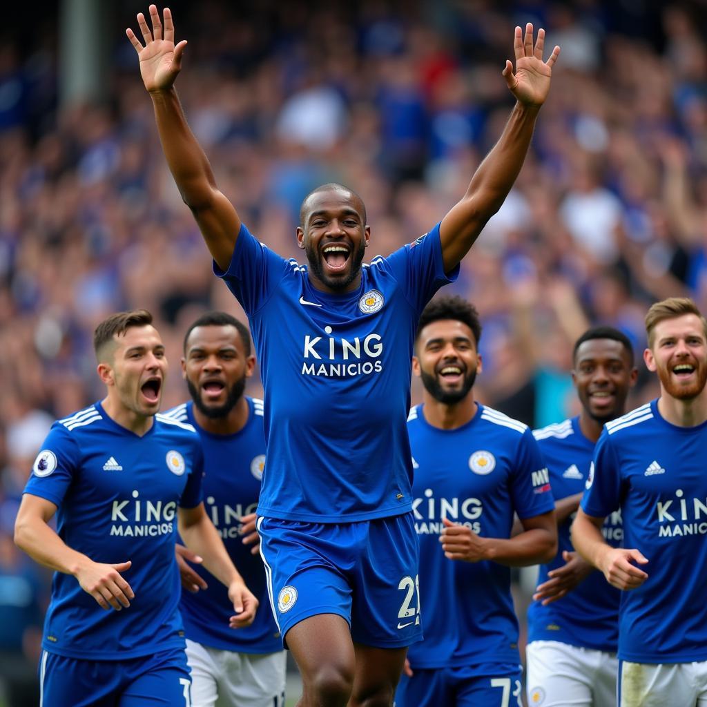 Ricardo Pereira celebrates a goal with his Leicester City teammates