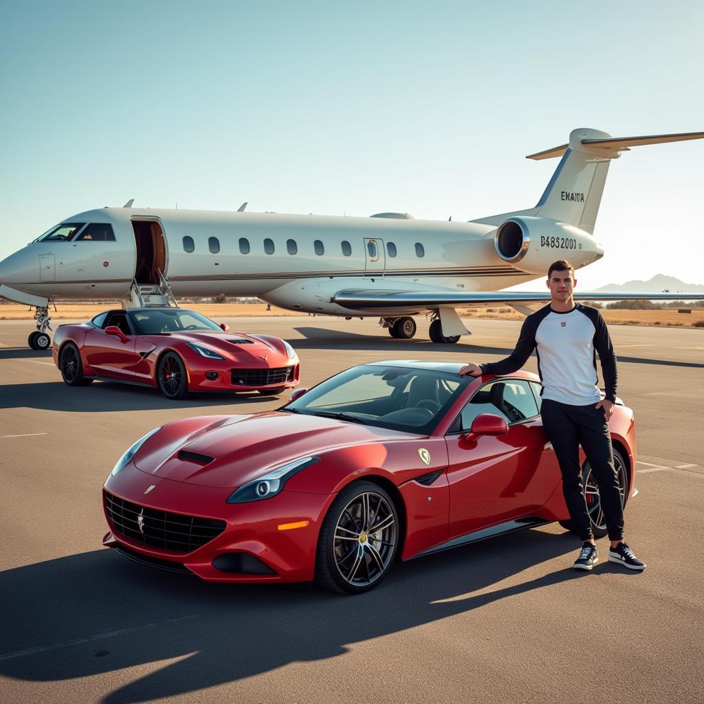 Cristiano Ronaldo standing with his luxury cars and private jet.