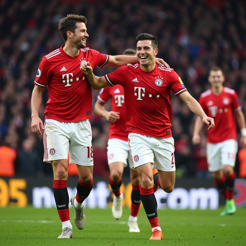 Robert Lewandowski celebrating a goal with his Bayern Munich teammates