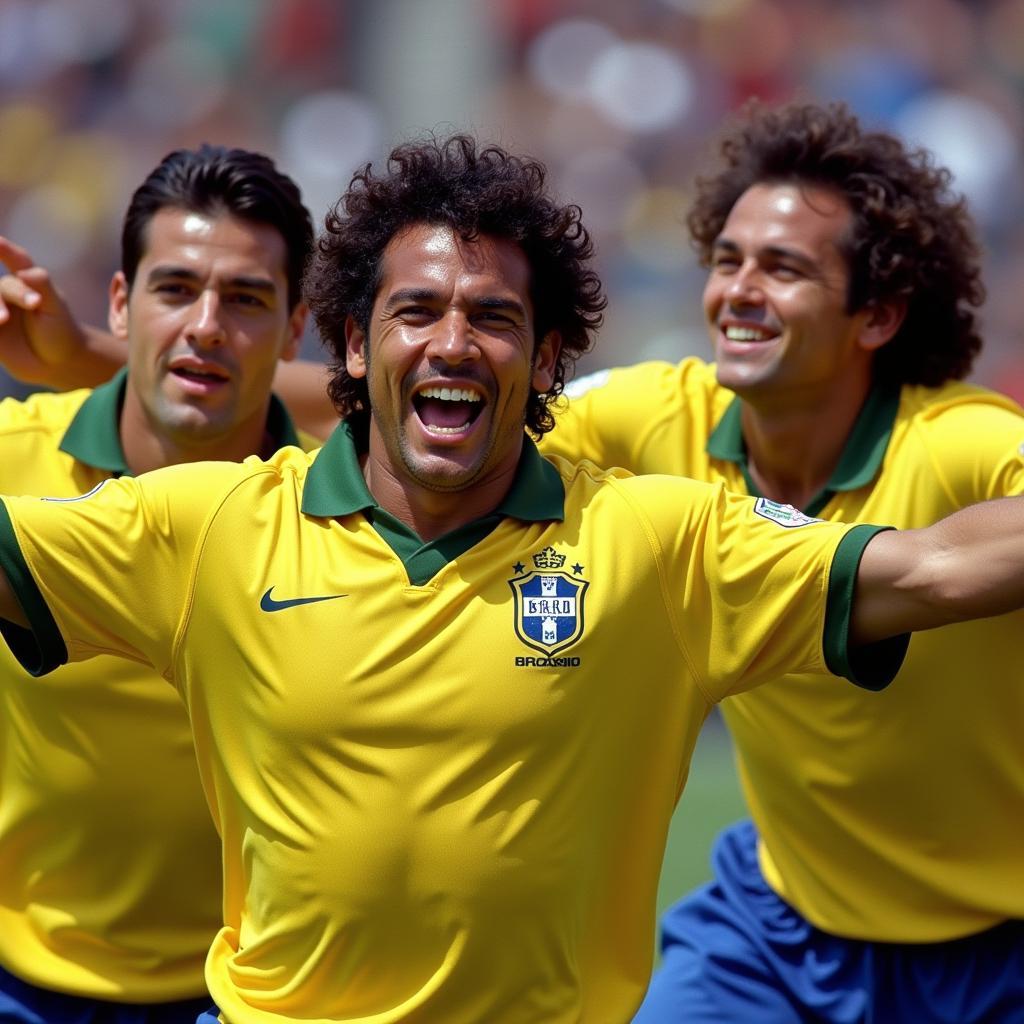 Roberto Carlos celebrating a goal with Brazil