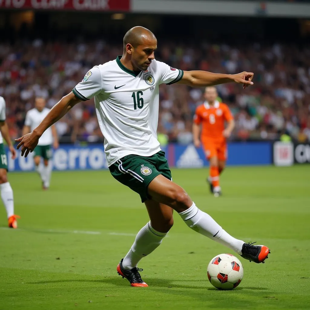 Roberto Carlos unleashes a powerful free kick, renowned for his incredible shot power.