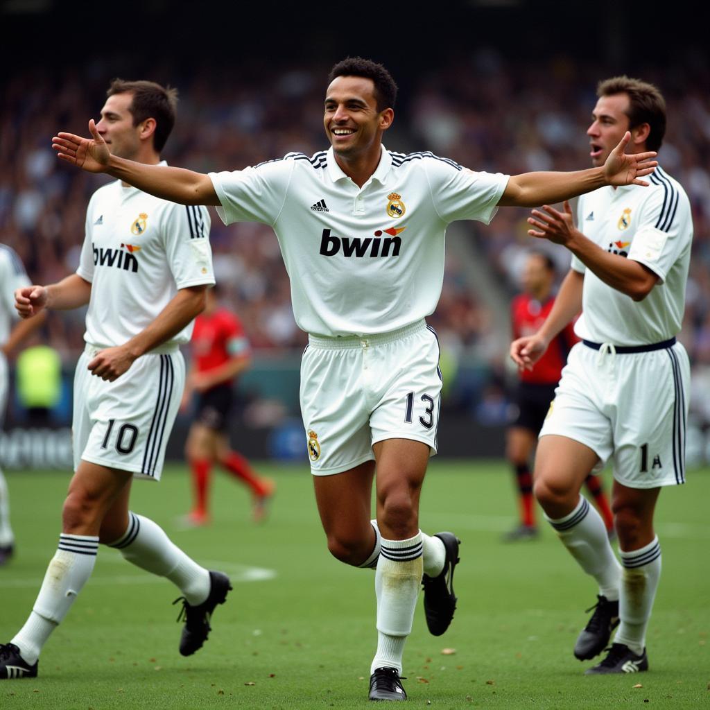 Roberto Carlos celebrating a goal with Real Madrid teammates