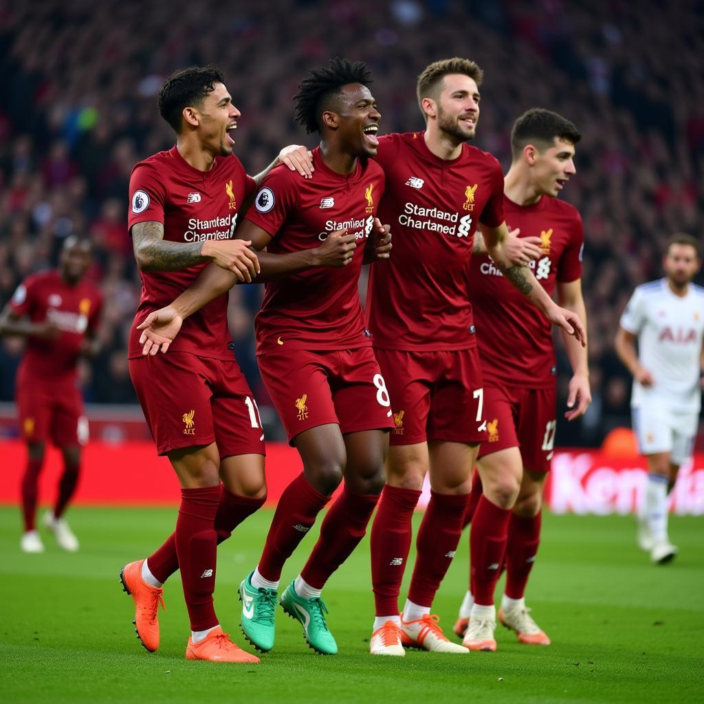 Roberto Firmino celebrates a goal with Liverpool teammates