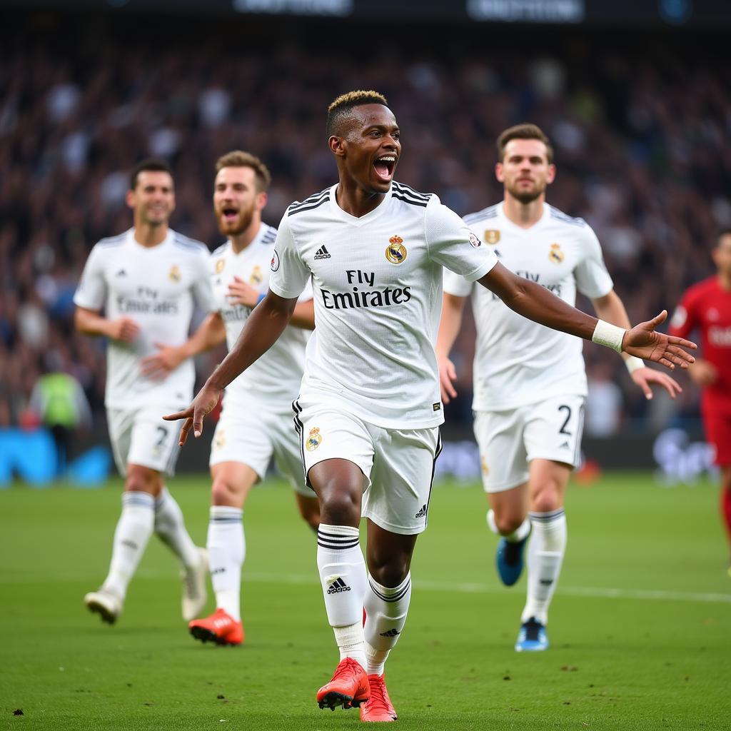 Rodrygo Goes celebrating a goal with Real Madrid teammates