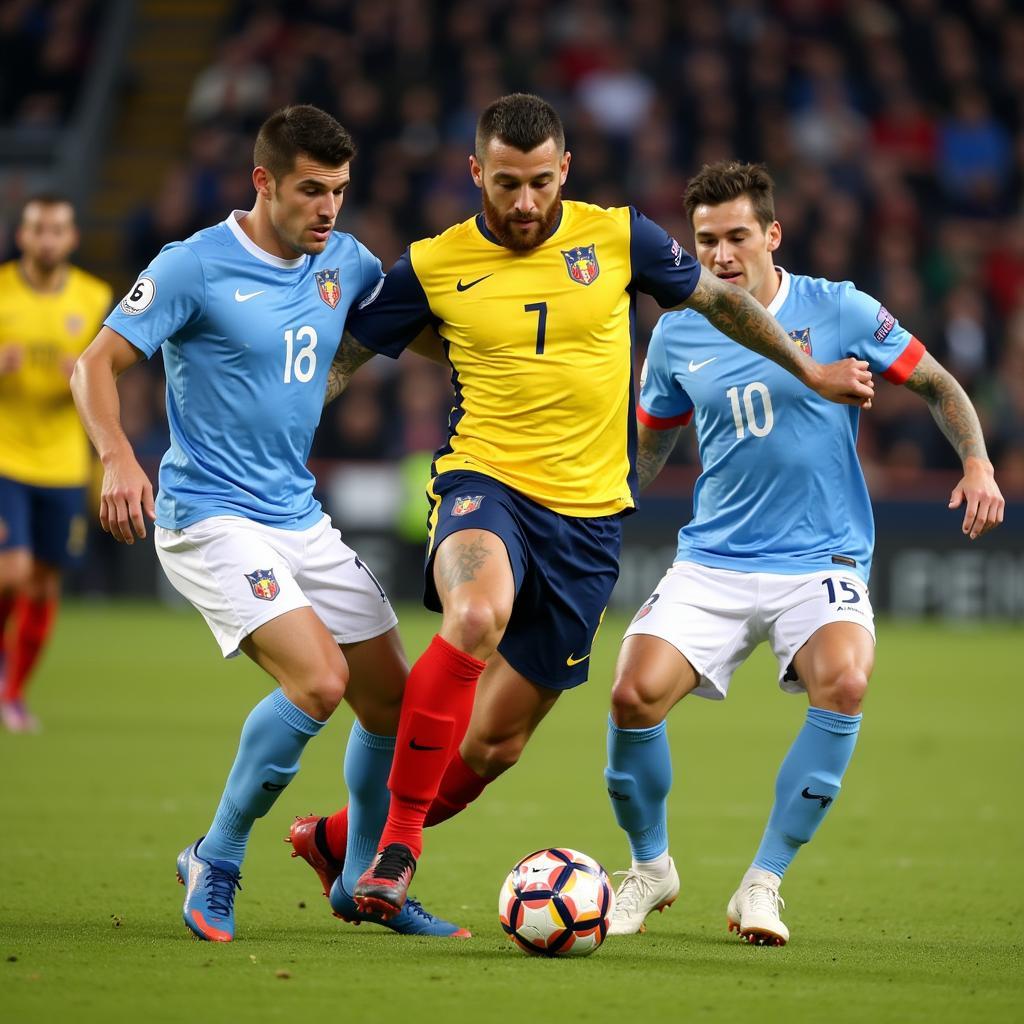 Romanian defenders attempting to mark Erling Haaland