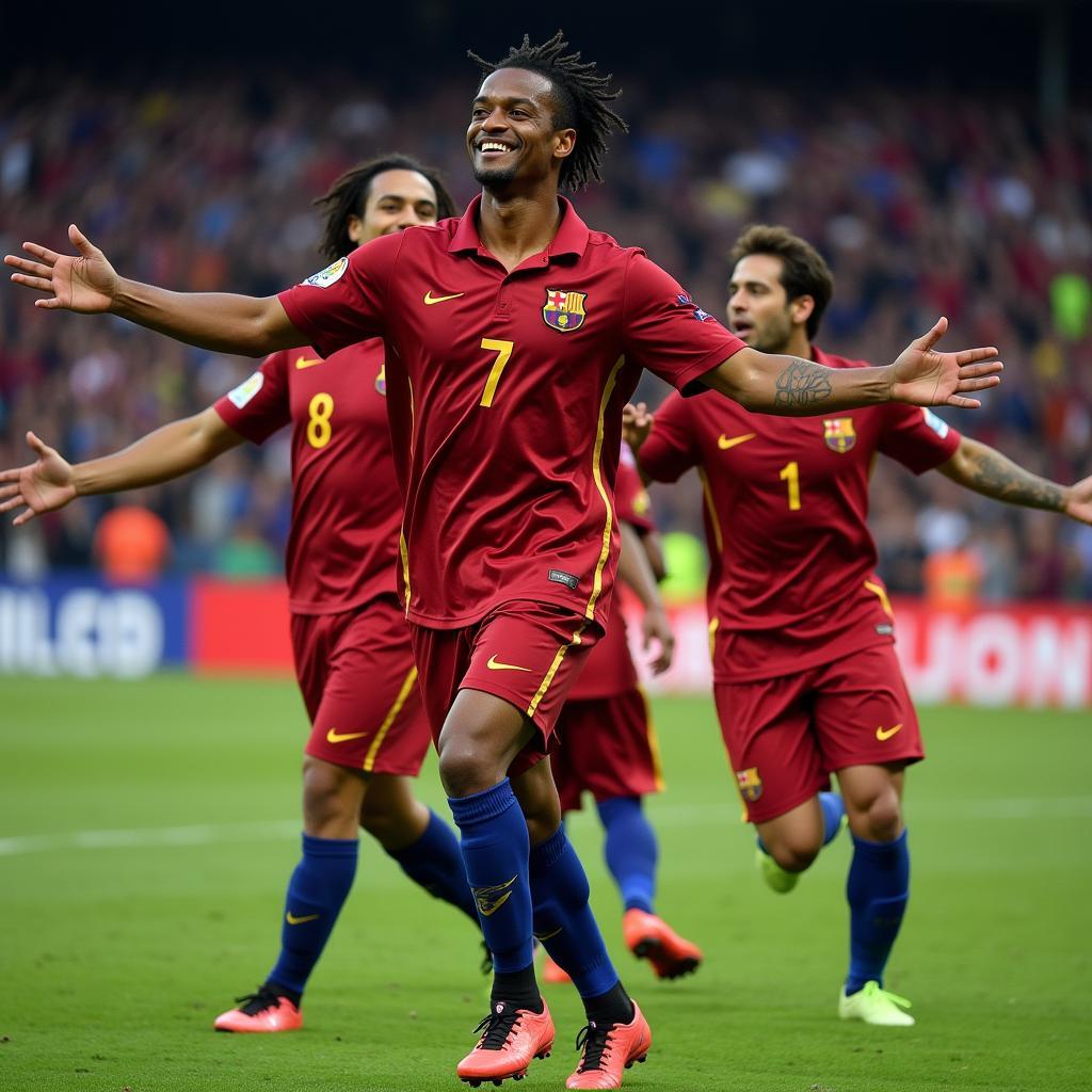 Ronaldinho celebrating a goal with his teammates