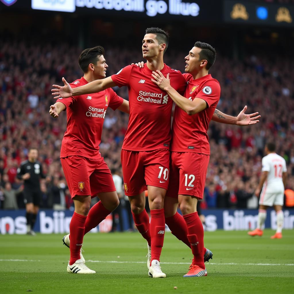 Ronaldo celebrating with his teammates after a goal, all performing the Siiiuu