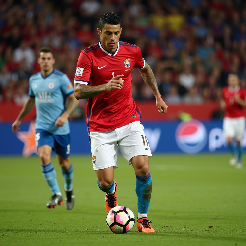 Ronaldo dribbling past an opponent in a 1998 World Cup match.