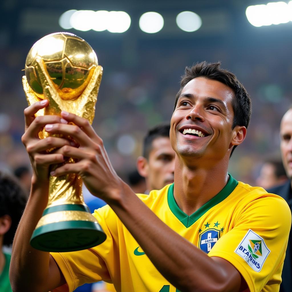 Ronaldo celebrates with the World Cup trophy