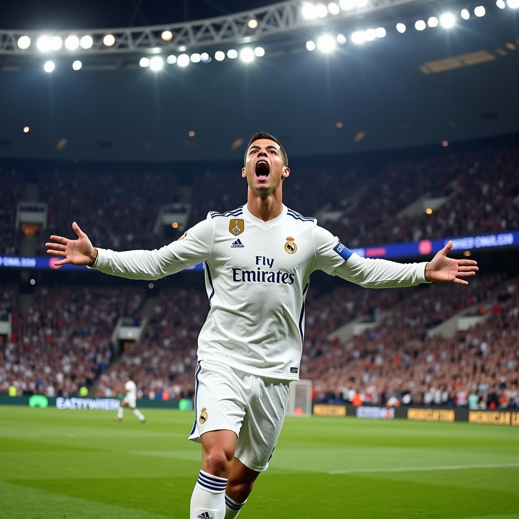 Cristiano Ronaldo performing his iconic Siiiuu celebration during a Real Madrid match