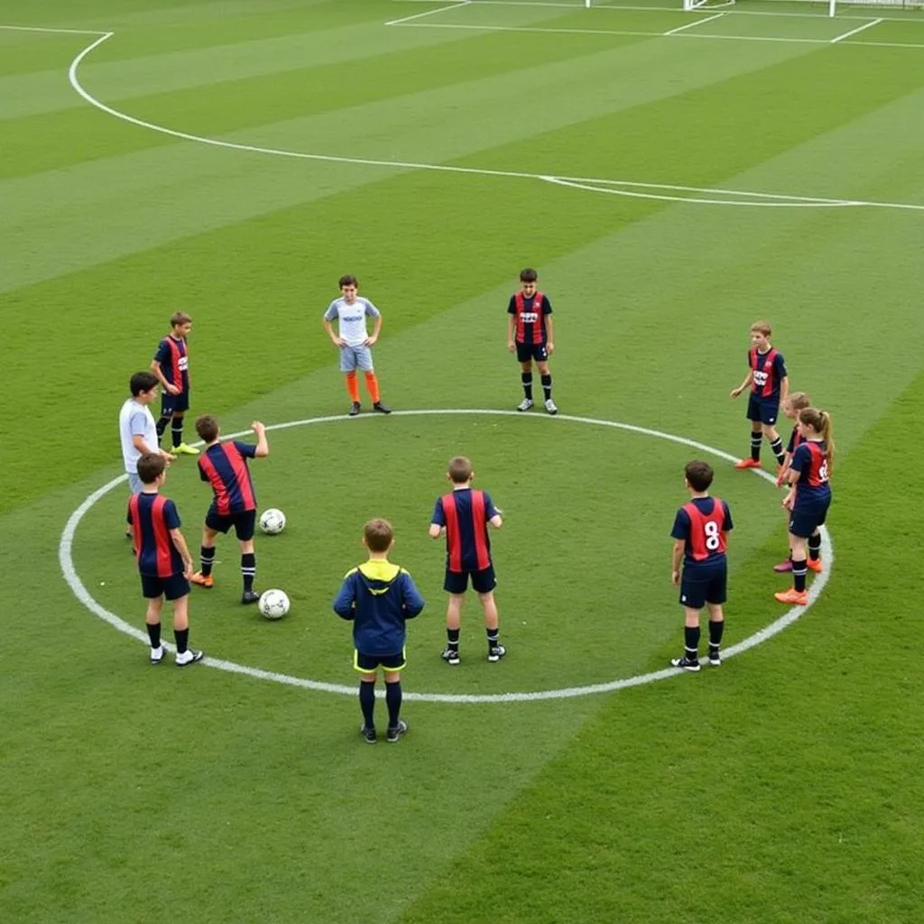 U13 soccer players engaged in a rondo drill