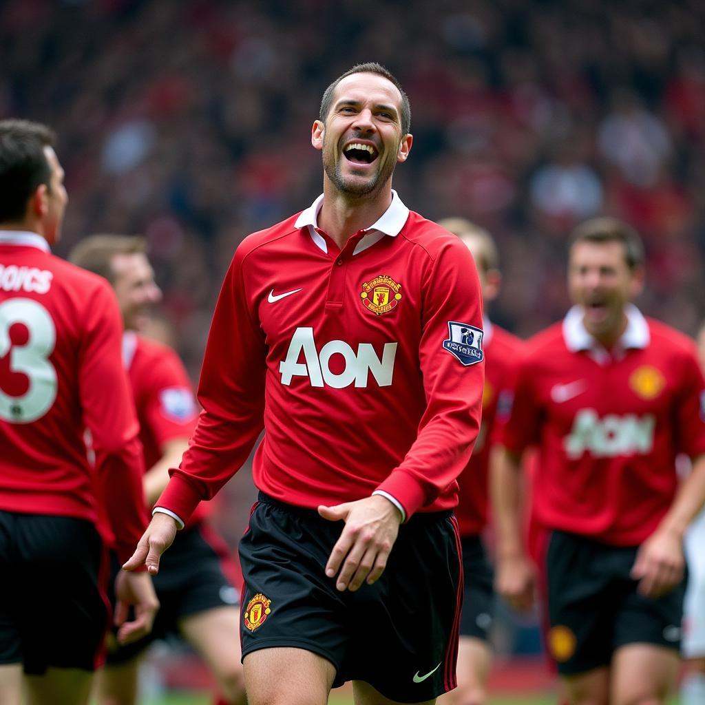 Ryan Giggs celebrating a goal with his Manchester United teammates.