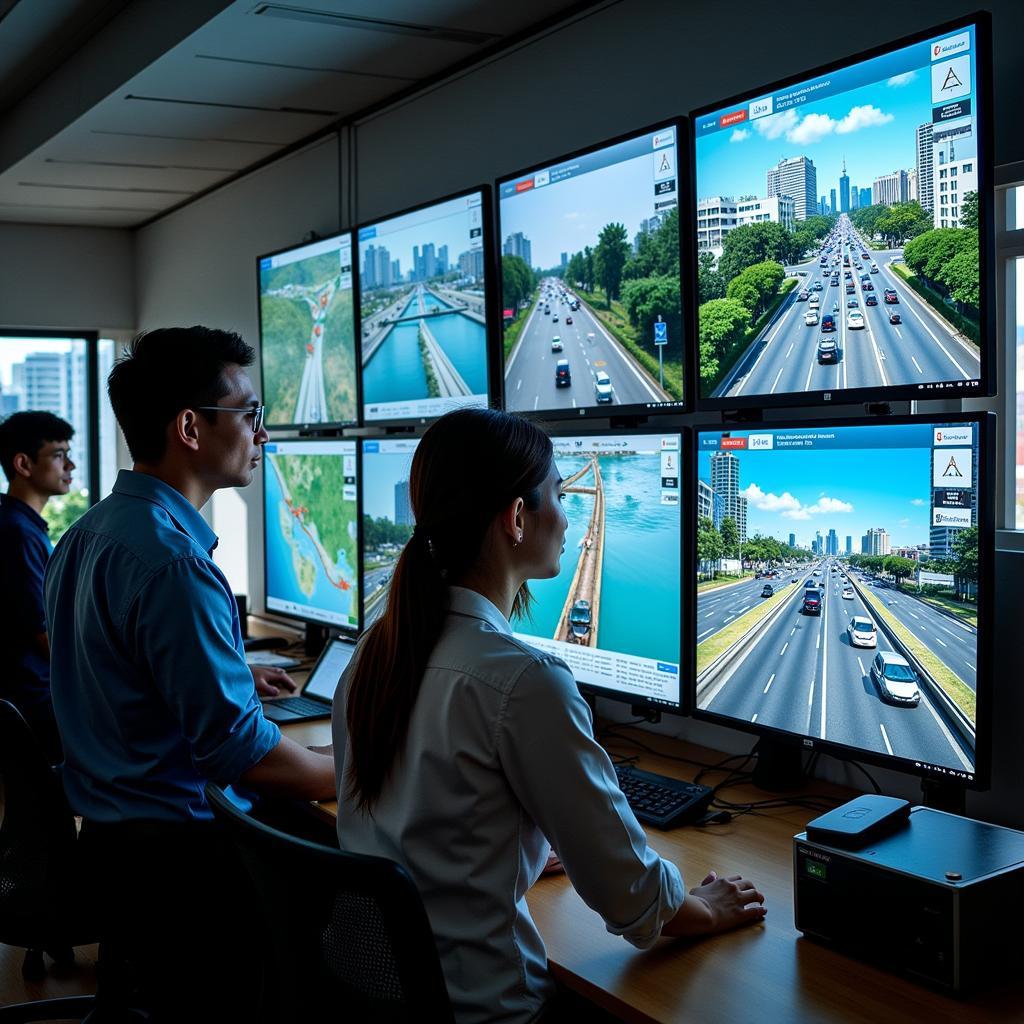 Control room with multiple screens displaying traffic data