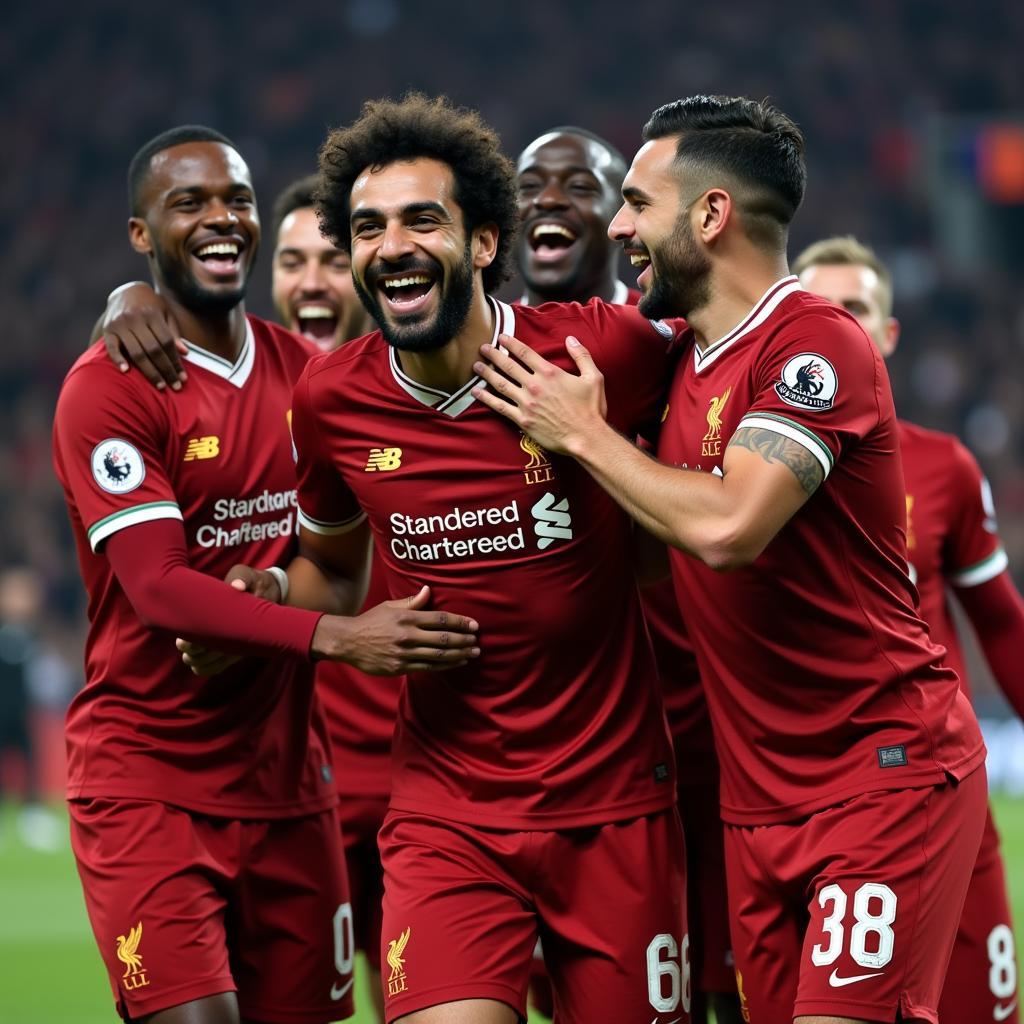 Mohamed Salah celebrates a goal with Liverpool teammates.