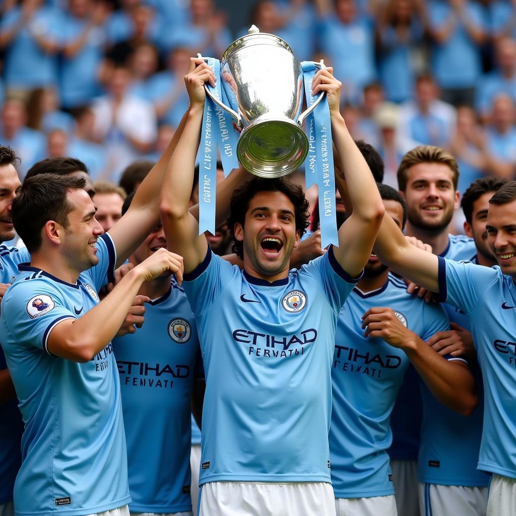 Samir Nasri celebrates winning the Premier League with Manchester City.