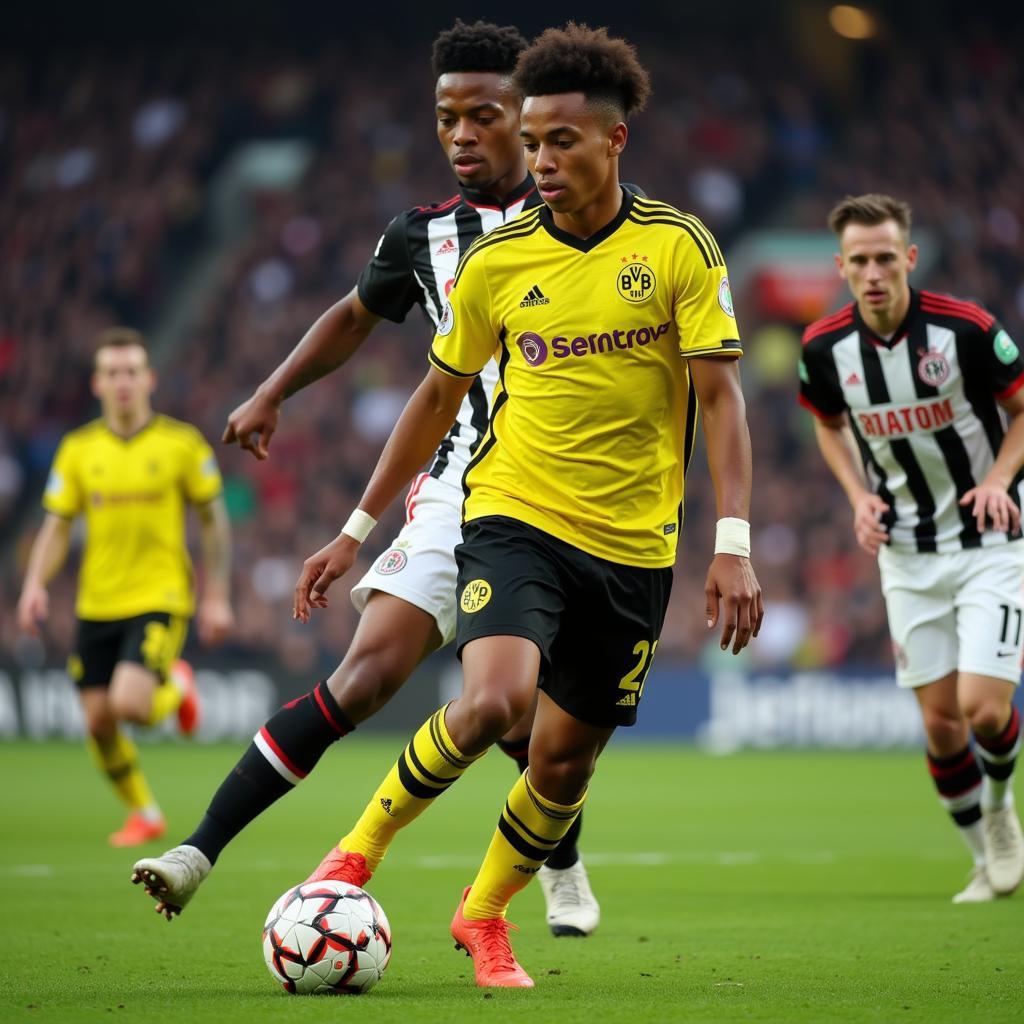 Jadon Sancho dribbles past a defender