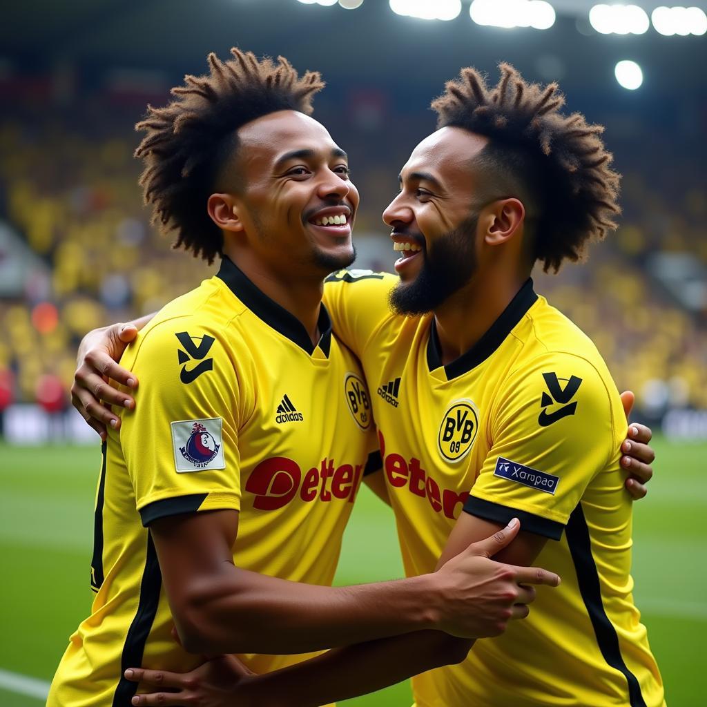 Sancho and Haaland celebrating a goal for Dortmund