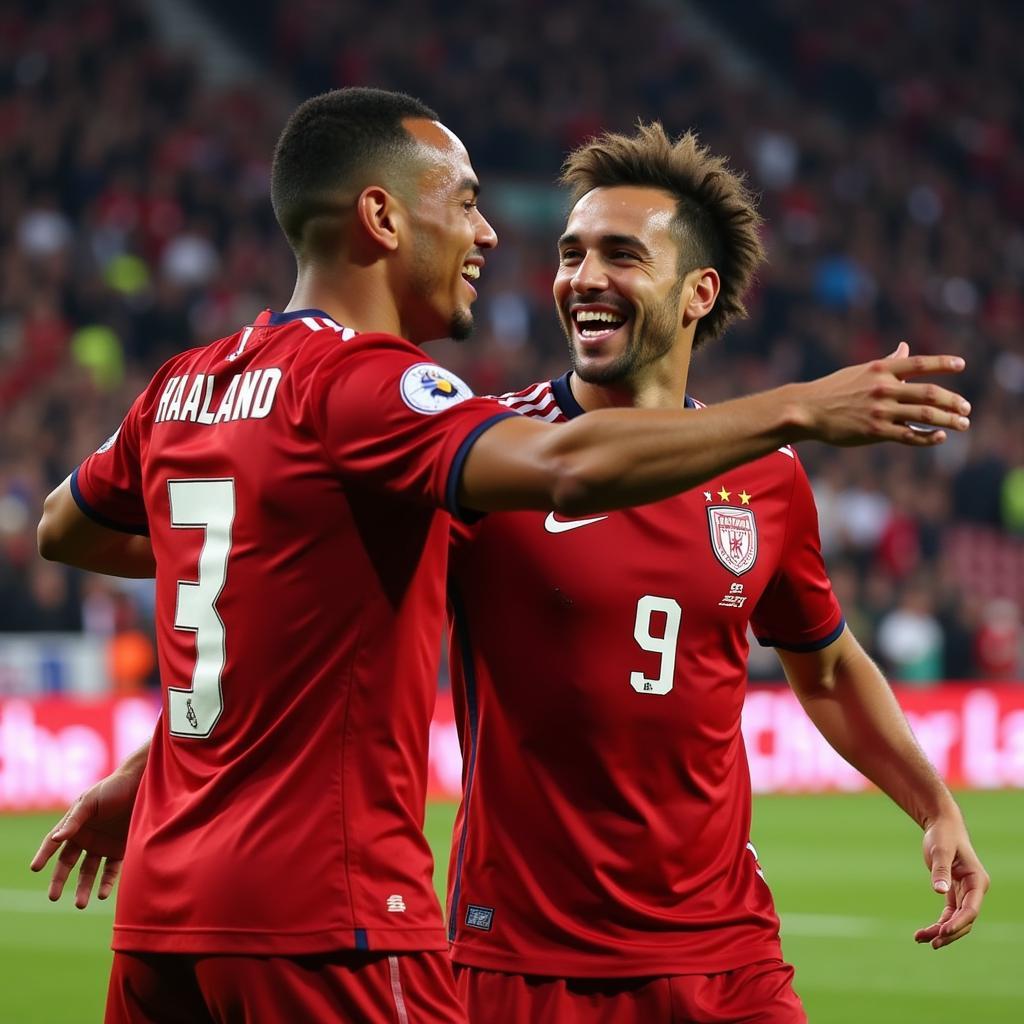 Sancho and Haaland celebrating a goal after a penalty