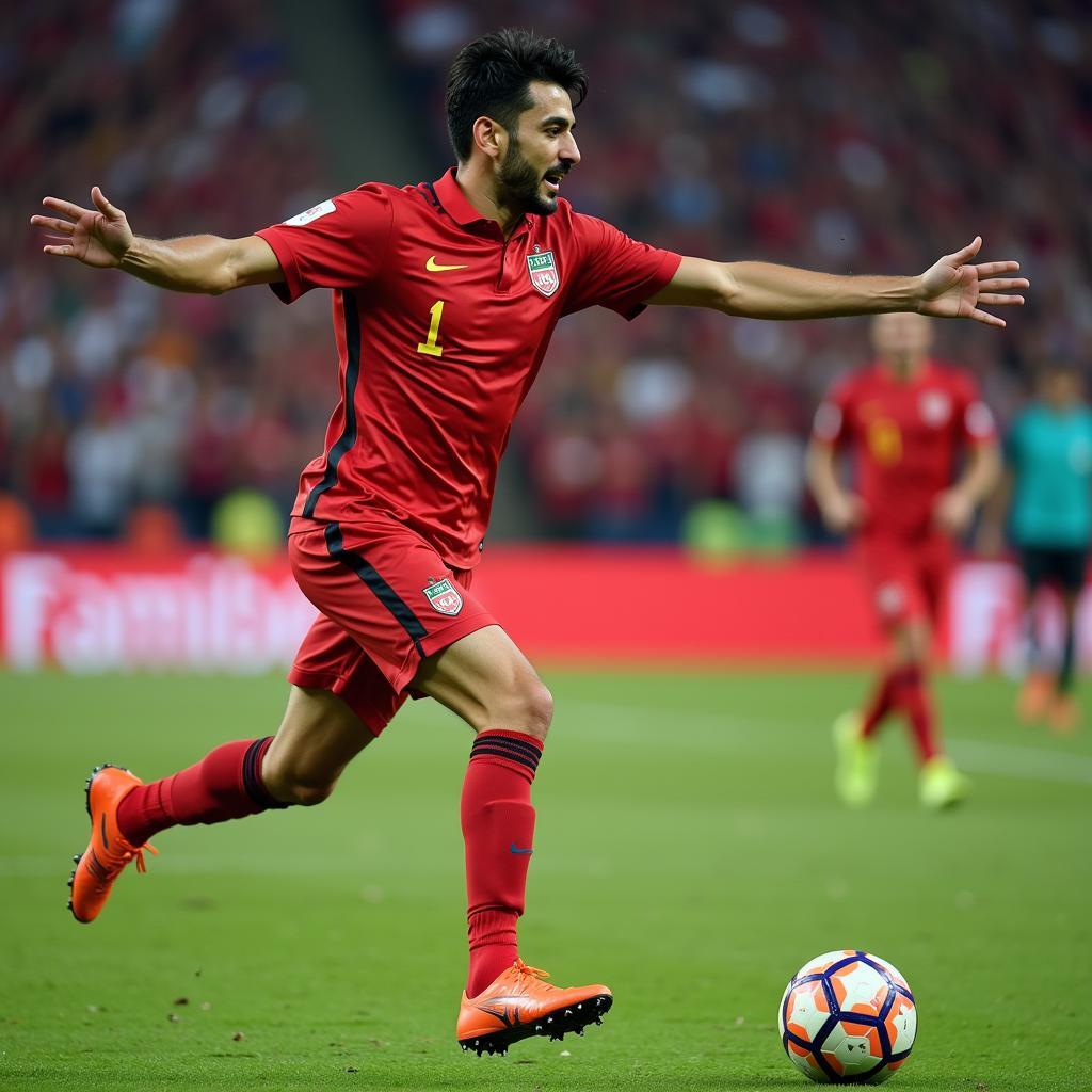 Sardar Azmoun celebrating a goal for Iran