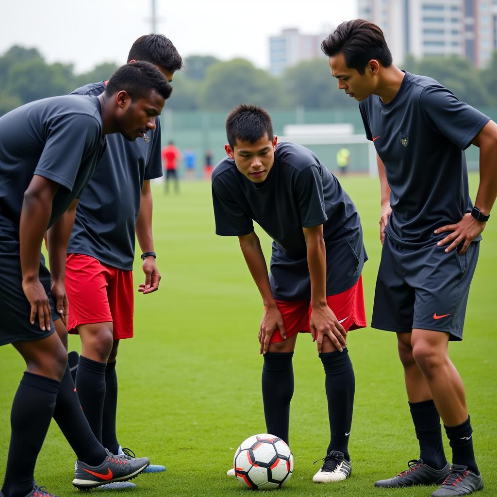 Scouts observing football players during a match