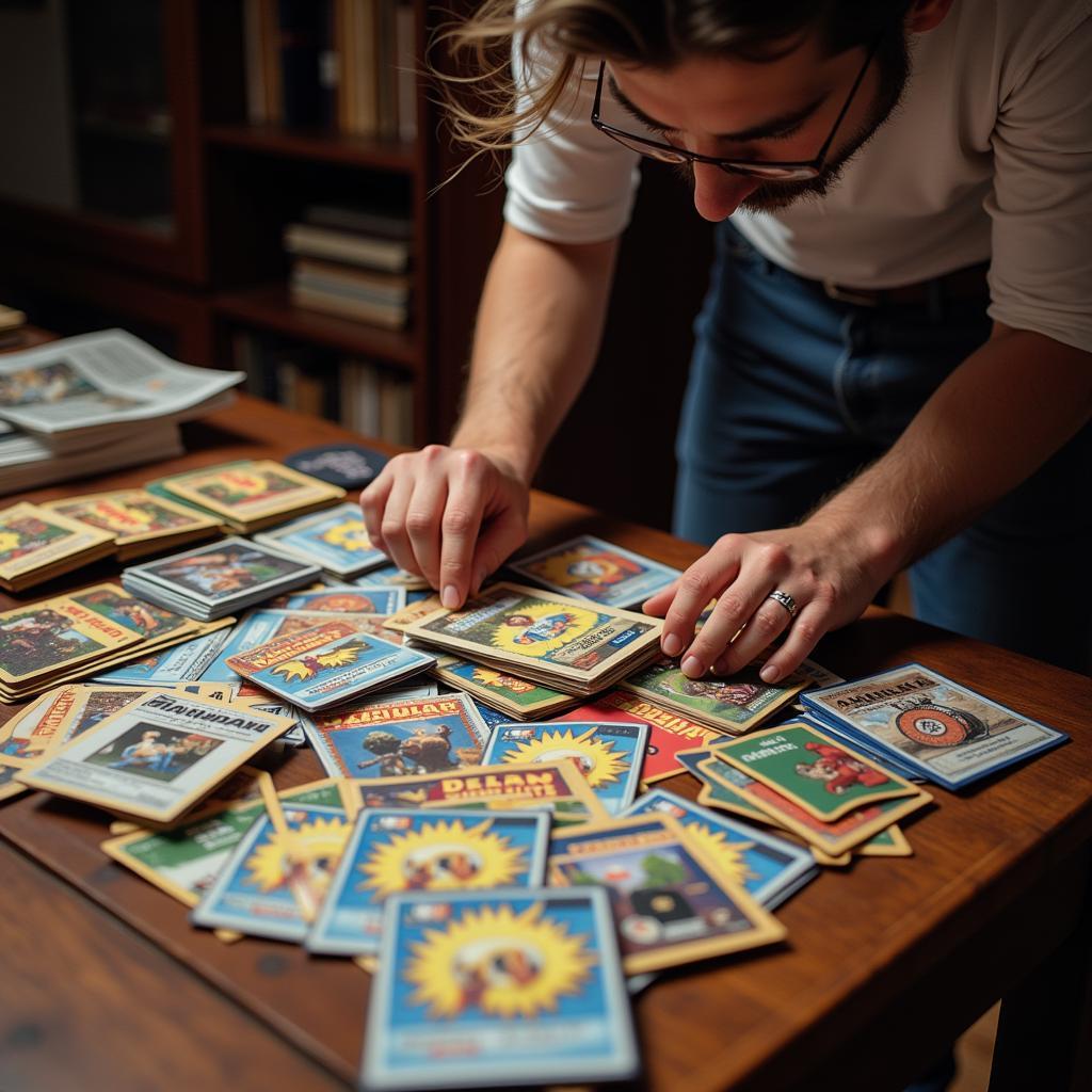 A person searching through a collection of Panini football cards.