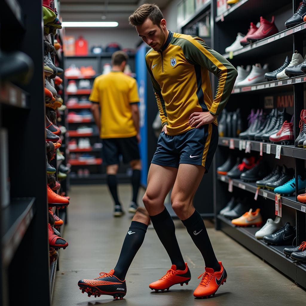 Footballer Trying on Different Boots for Fit and Comfort