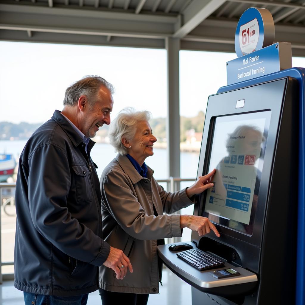 Senior couple using a ferry kiosk to purchase tickets