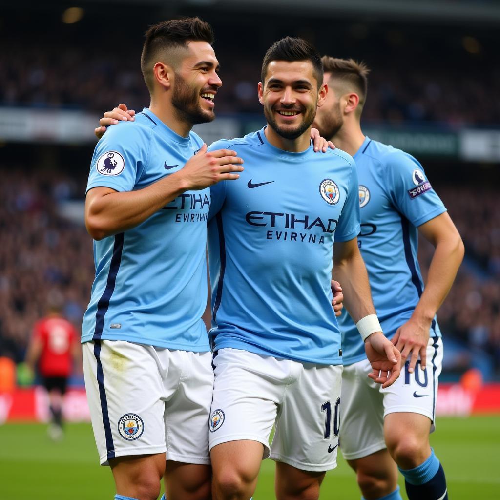 Sergio Aguero celebrating a goal with his teammates