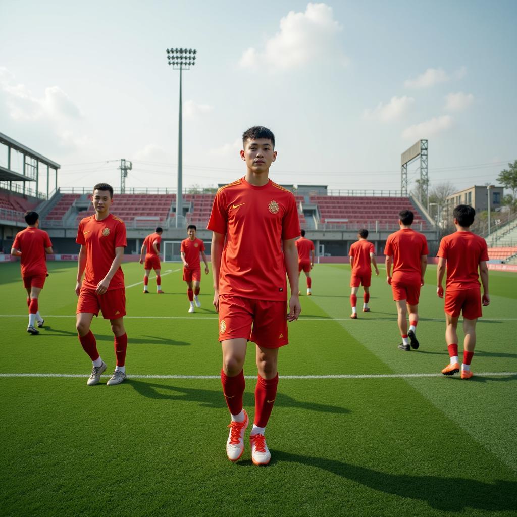 Shandong Luneng FC young players training rigorously