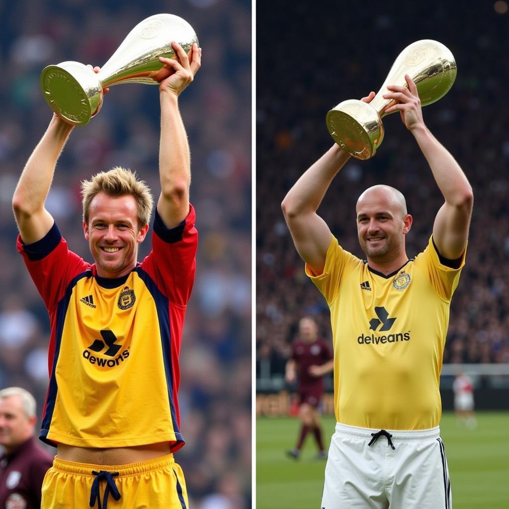 Shearer and Haaland holding the Golden Boot award