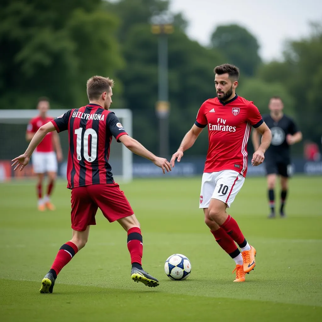 Short striker skillfully dribbling past a defender to score a goal